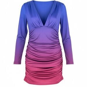 Ruched Dress Women M Purple/Pink Long Sleeve V-Neck Bodycon Glam